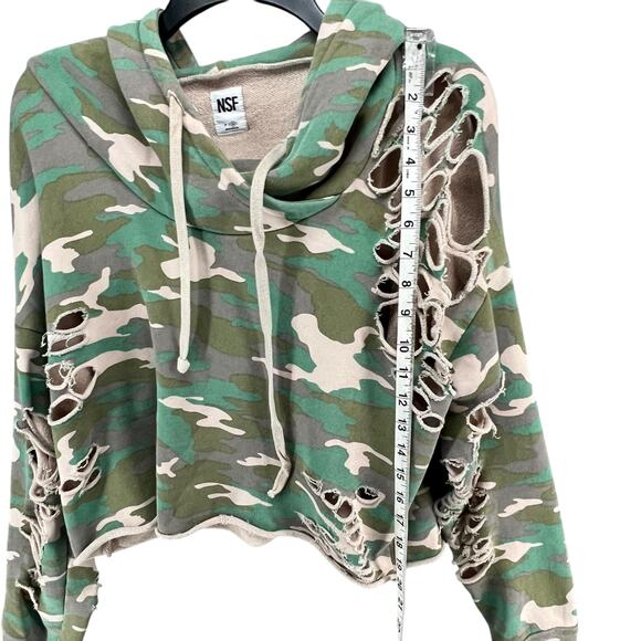 NSF Hoodie Womens M Green Camo Distressed Holes Cropped Sweatshirt USA Grunge - Picture 7 of 14